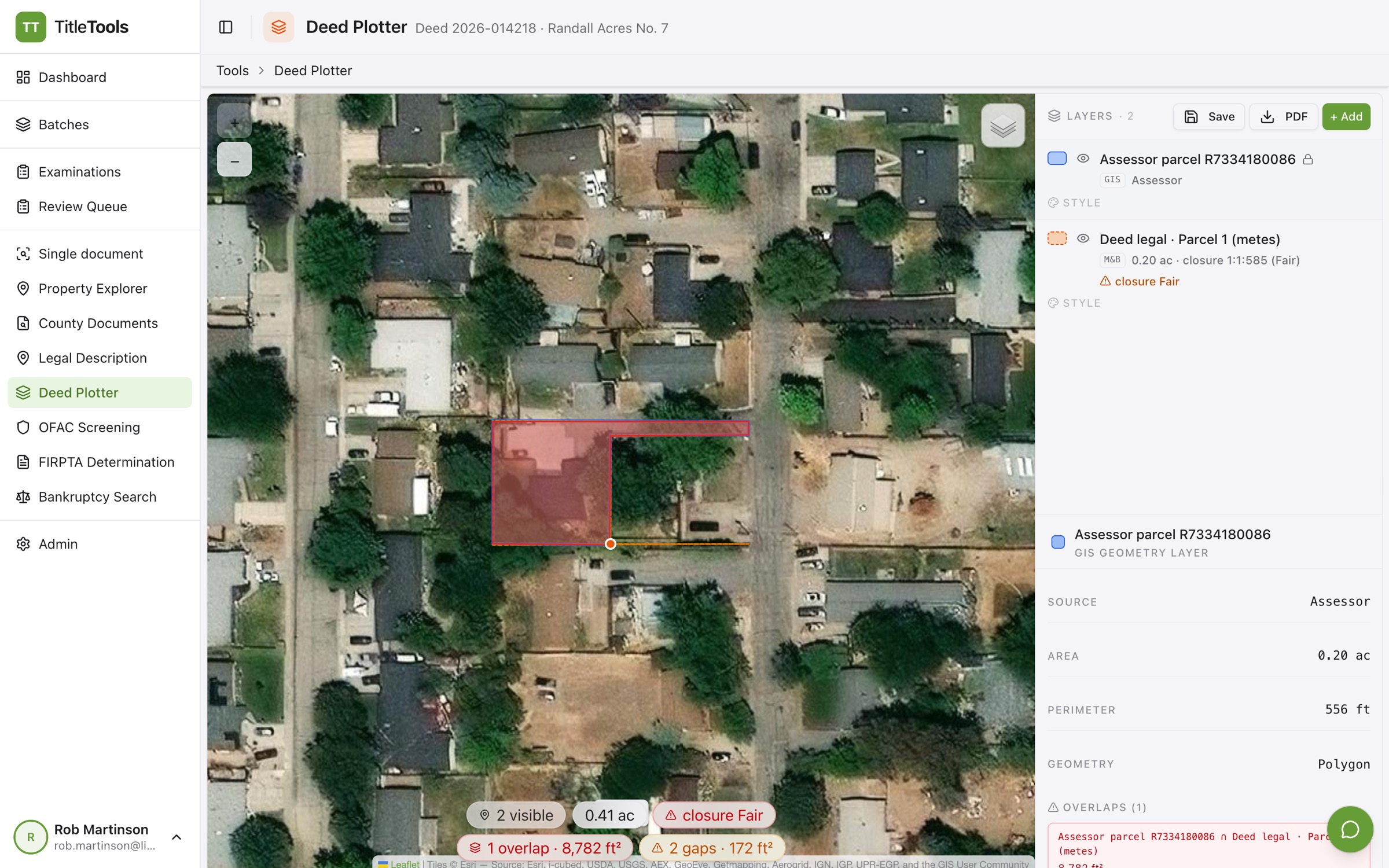 TitleTools Deed Plotter rendering a recorded Ada County deed: the metes-and-bounds legal description parsed from the deed text and plotted over the county assessor's parcel polygon on aerial imagery, with the deed legal and parcel details in the side panel