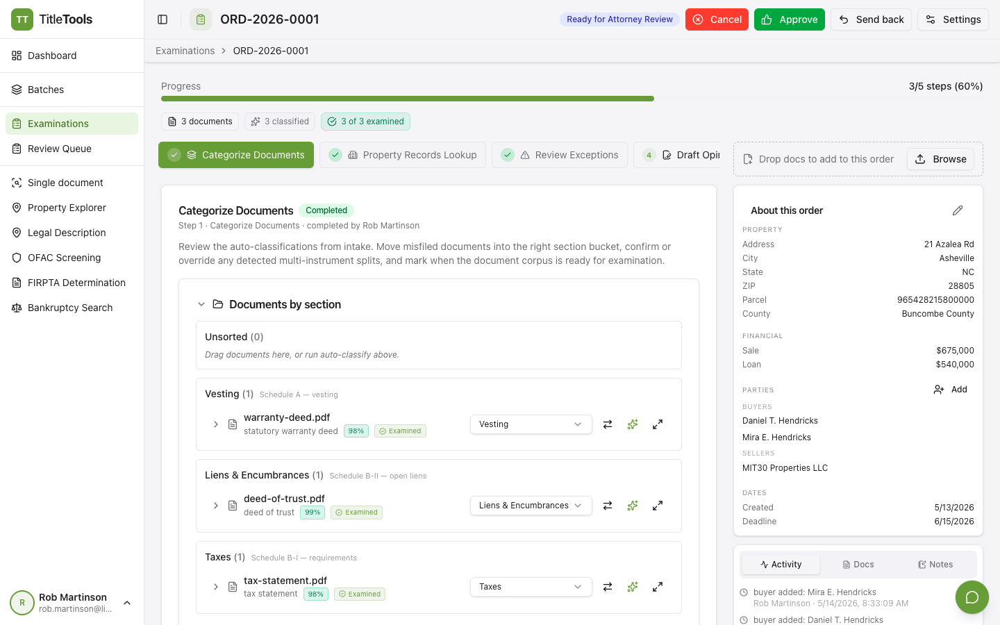 TitleTools examination workspace — title examination order with progress bar, workflow steps, document classification, and full order detail panel