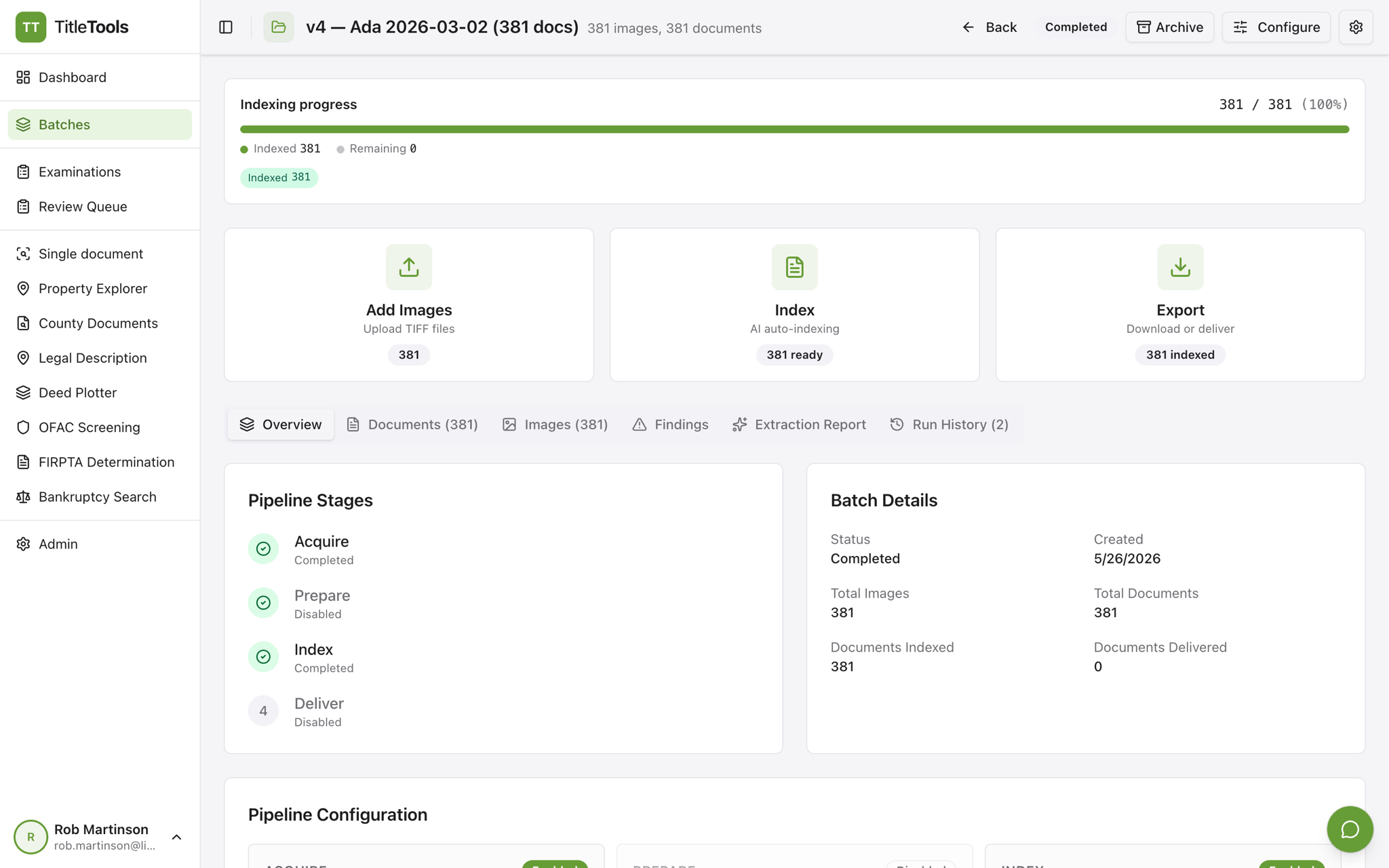 TitleTools batch processing: a 381-document county recording batch fully indexed at 100%, with pipeline stages, AI auto-indexing, and export ready