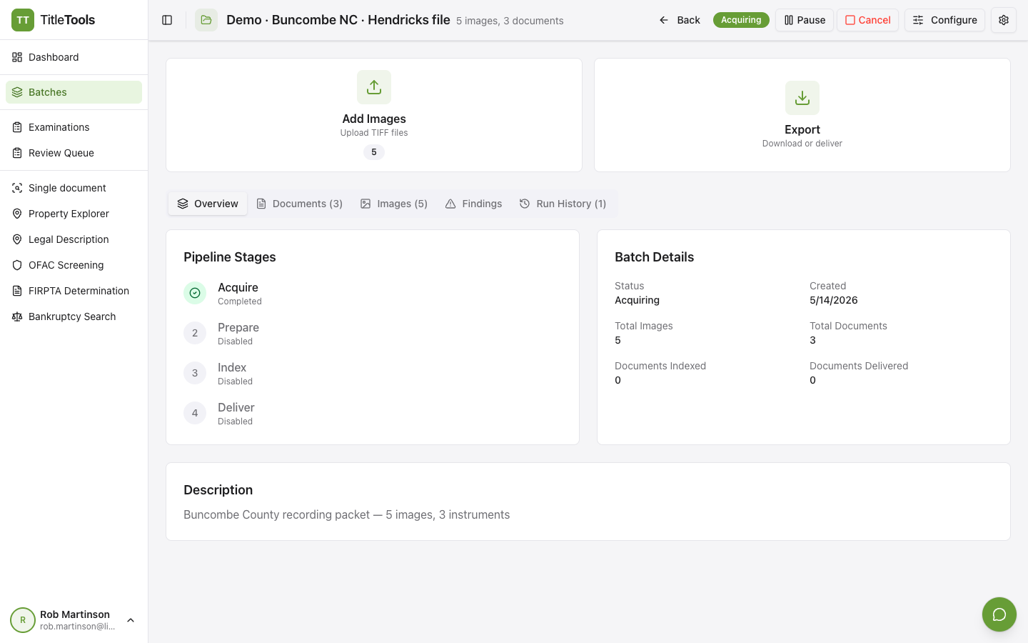 TitleTools batch processing — 137 images and 22 documents queued for indexing, with Add Images, Staple, and Export quick actions