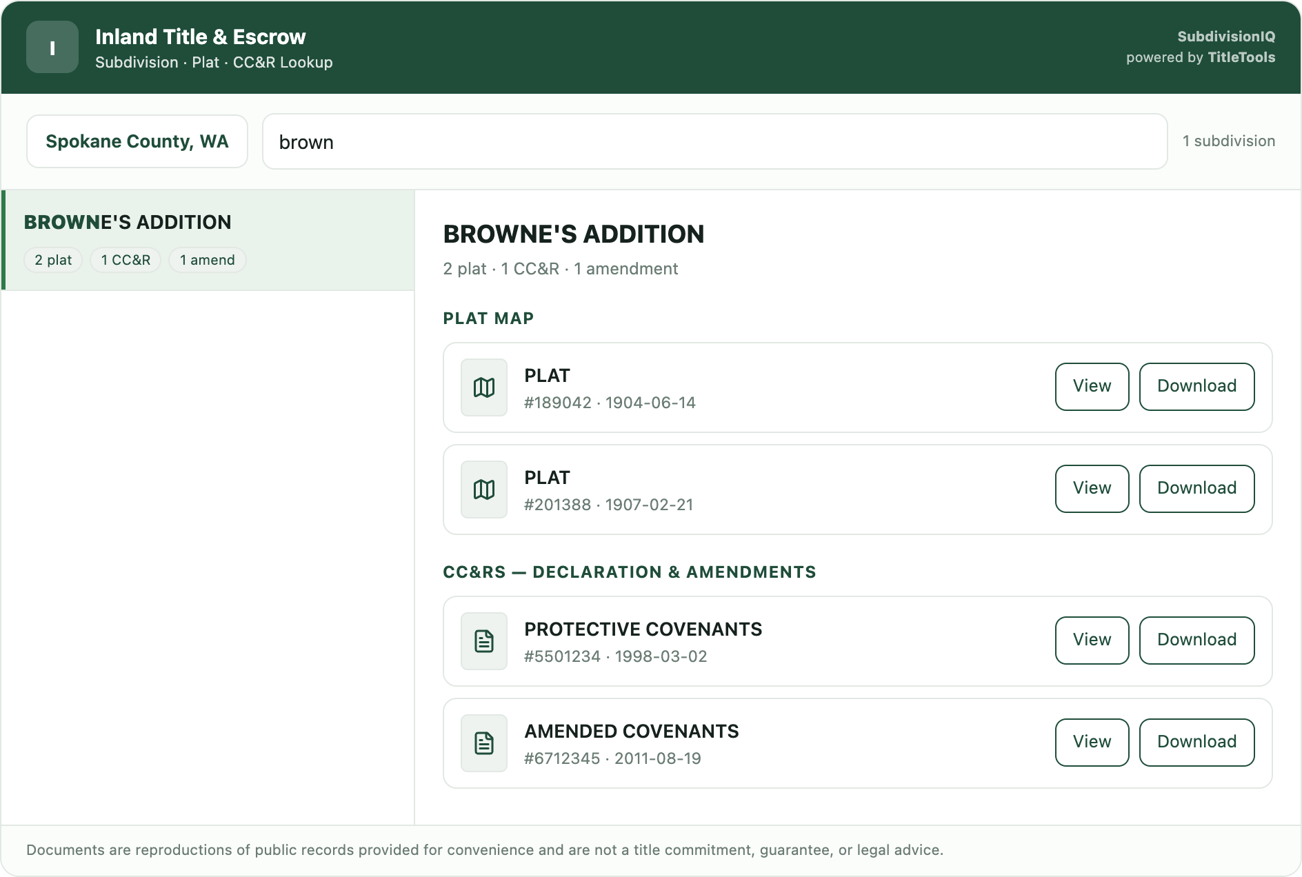 SubdivisionIQ embedded browser showing Browne's Addition in Spokane County, WA with its plats, protective covenants, and amendments