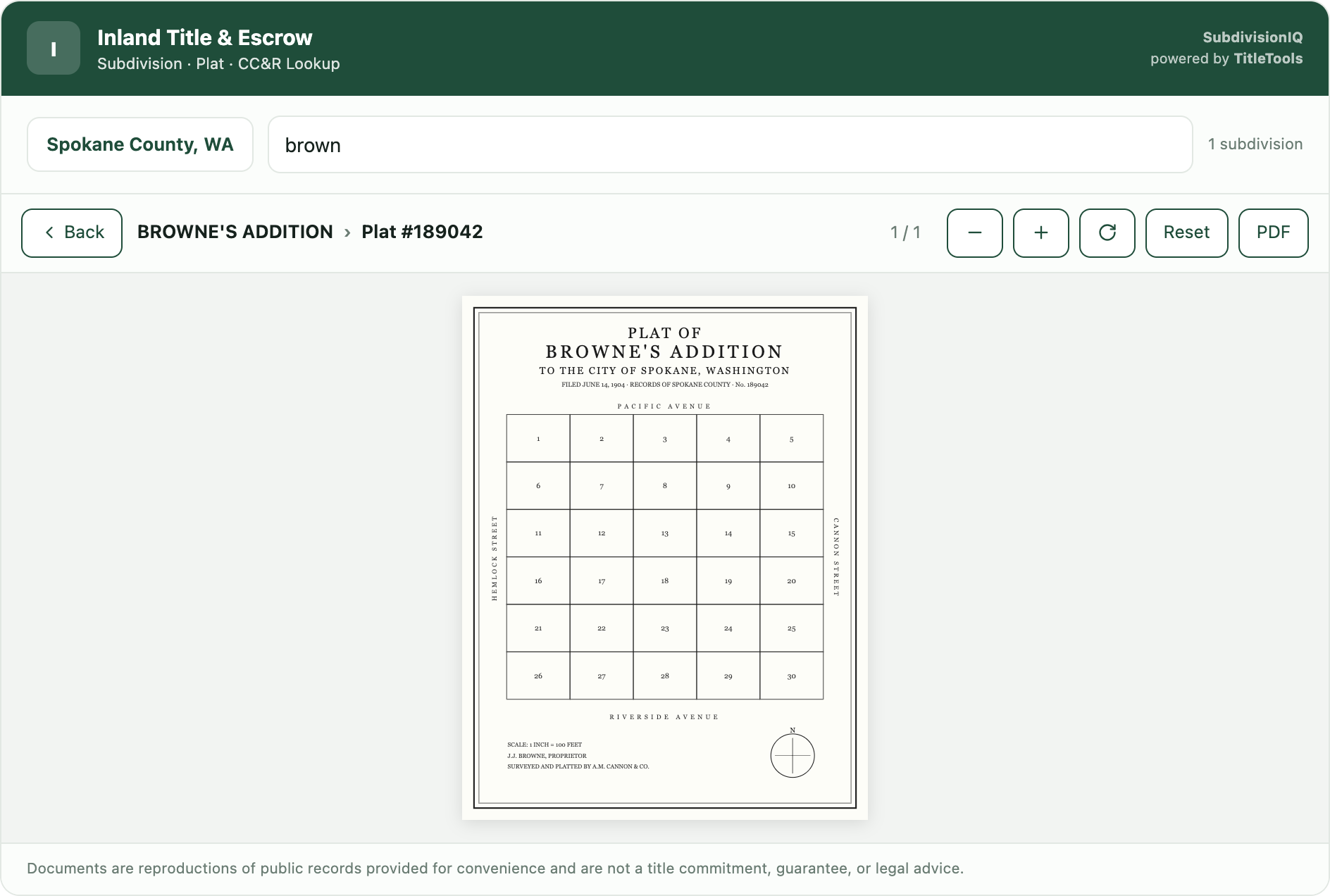 The SubdivisionIQ document viewer showing the recorded plat of Browne's Addition, Spokane County, with breadcrumb navigation and zoom controls